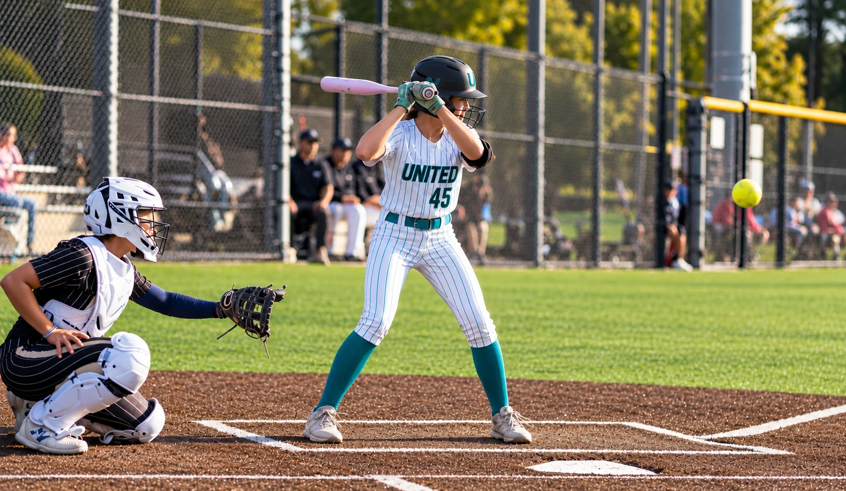 United Softball batter wearing number 45 preparing to hit with a catcher behind home plate.